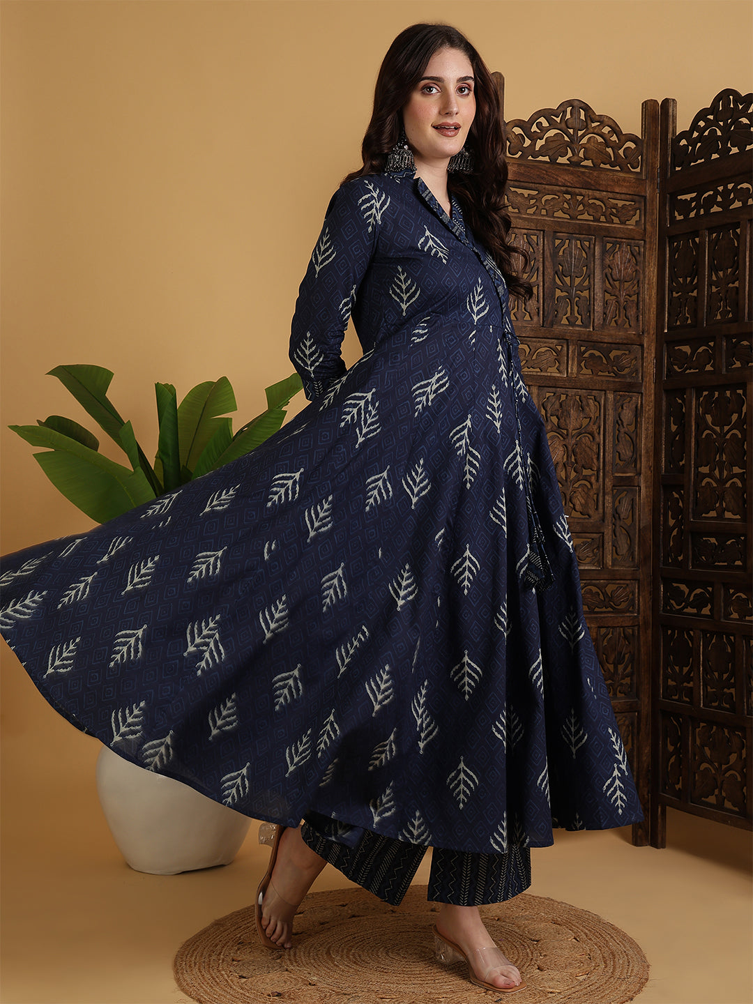 Cotton Calf Length Printed Flared 3/4 Sleeves V-Neck Kurta Suit Set