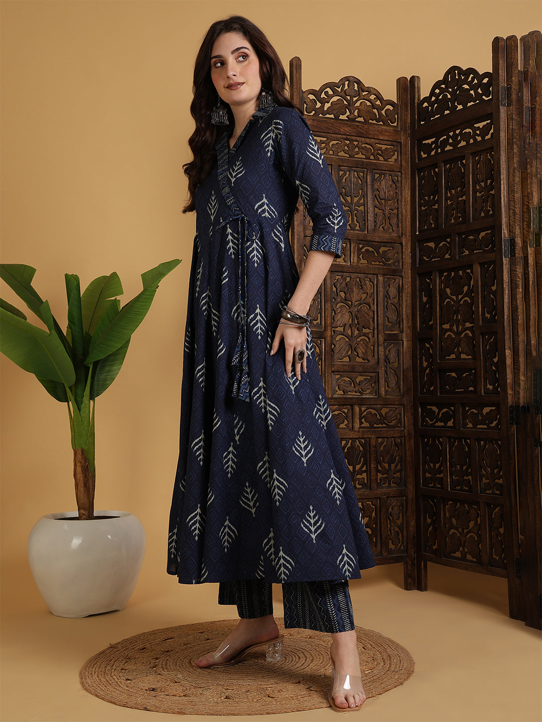 Cotton Calf Length Printed Flared 3/4 Sleeves V-Neck Kurta Suit Set