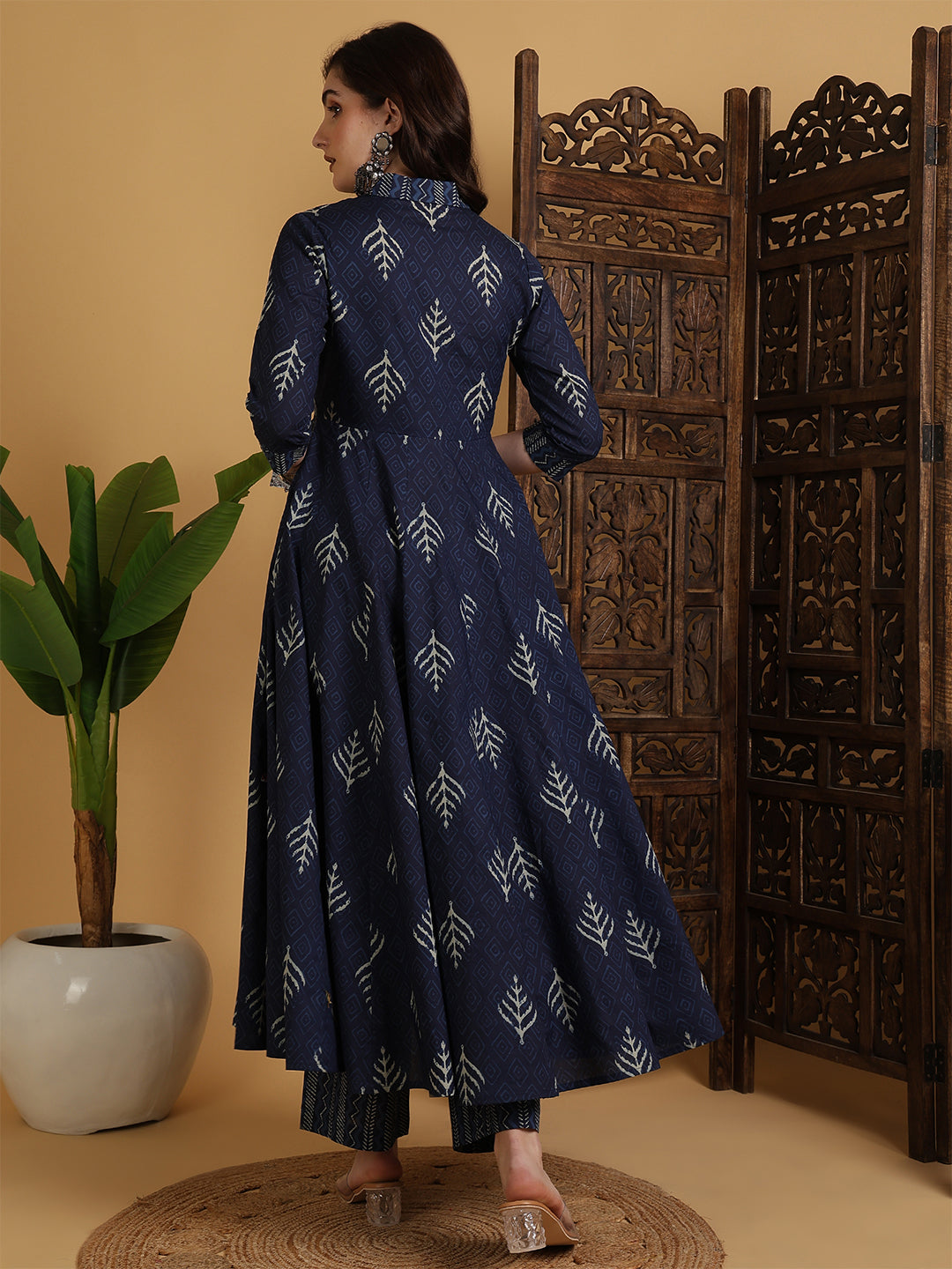 Cotton Calf Length Printed Flared 3/4 Sleeves V-Neck Kurta Suit Set