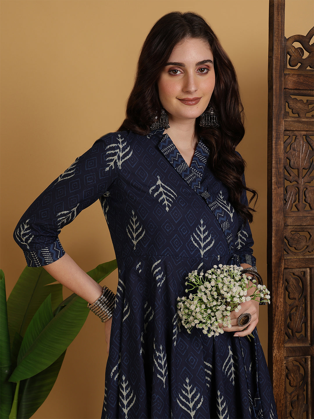 Cotton Calf Length Printed Flared 3/4 Sleeves V-Neck Kurta Suit Set