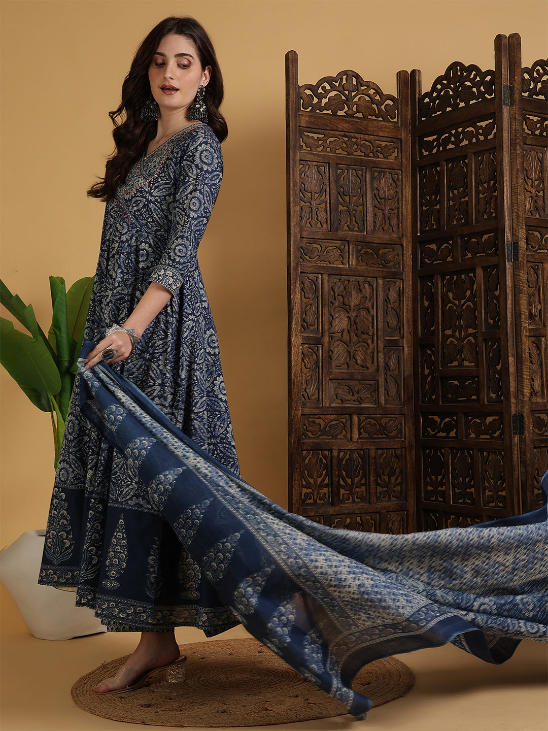 Cotton Calf Length Printed Flared 3/4 Sleeves V-Neck Kurta Suit Set