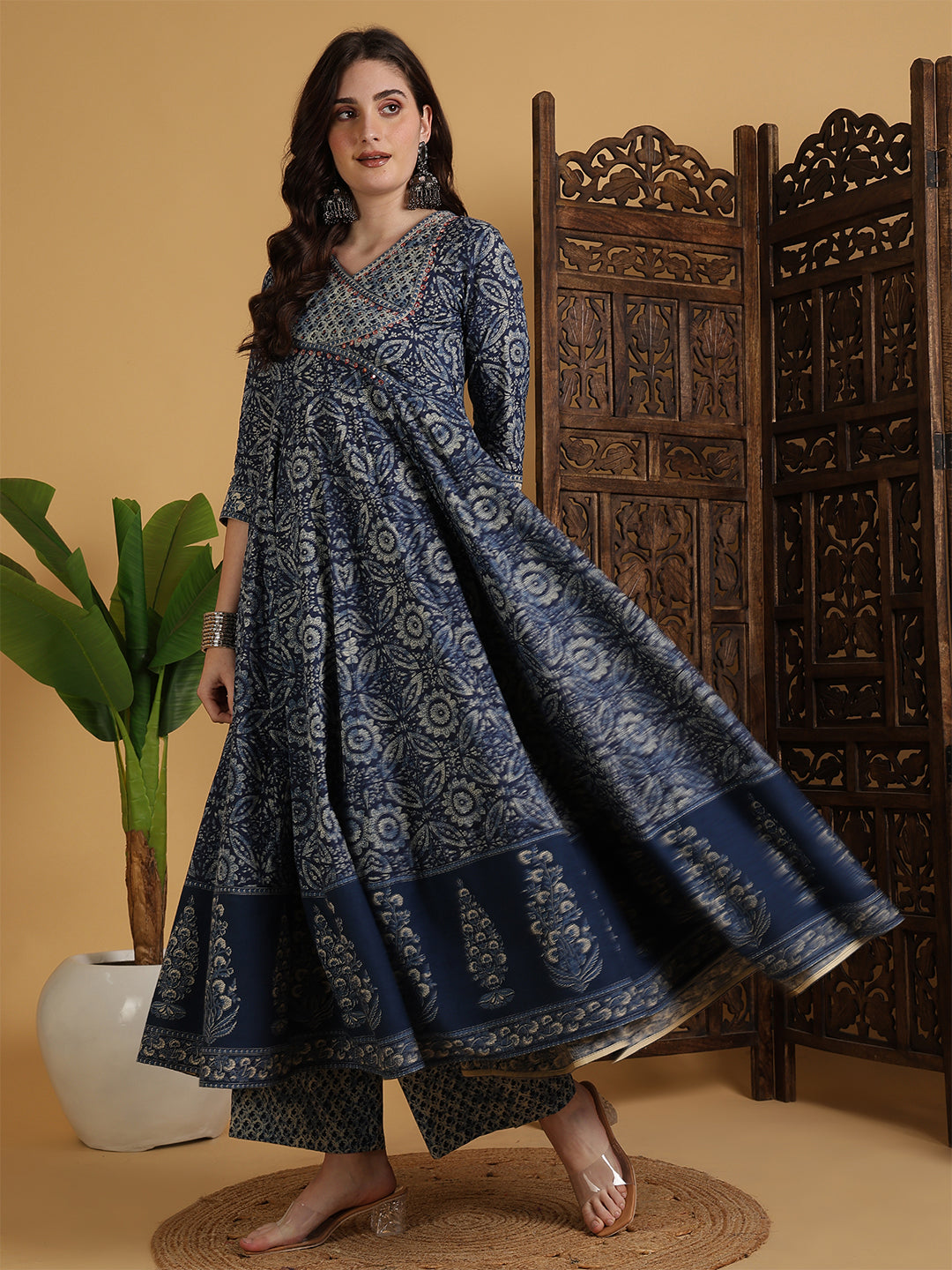 Cotton Calf Length Printed Flared 3/4 Sleeves V-Neck Kurta Suit Set