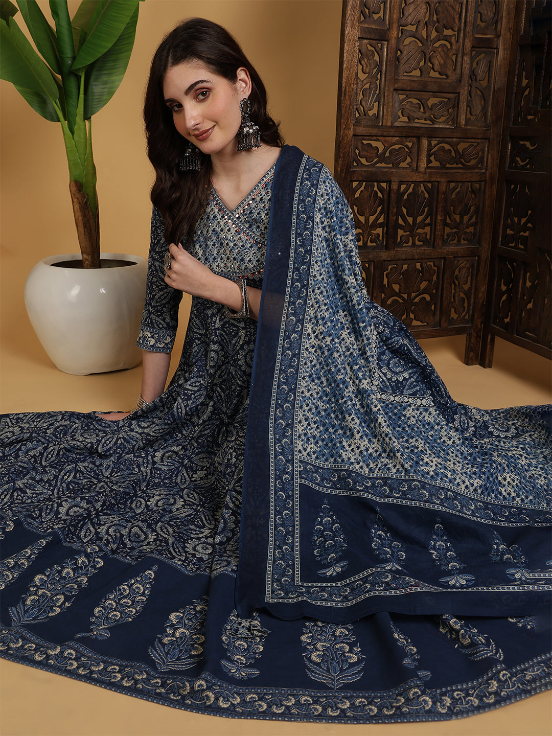 Cotton Calf Length Printed Flared 3/4 Sleeves V-Neck Kurta Suit Set