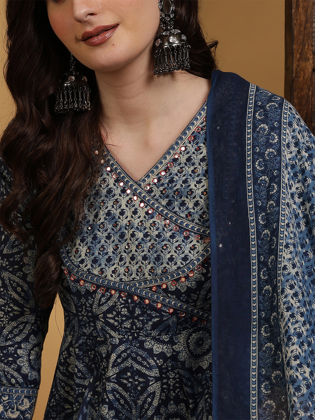 Cotton Calf Length Printed Flared 3/4 Sleeves V-Neck Kurta Suit Set