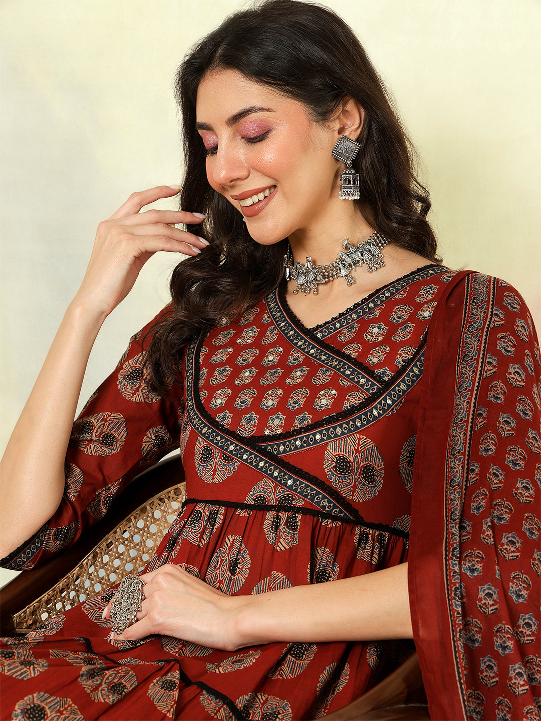 Cotton Calf Length Printed Flared 3/4 Sleeves V-Neck Kurta Suit Set