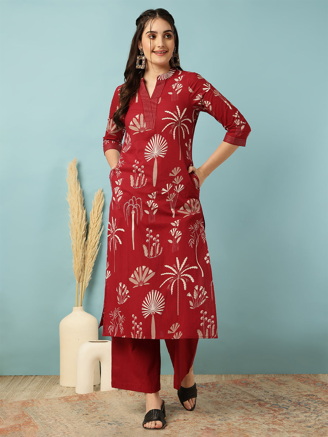 Rayon Calf Length Printed Straight 3/4 Sleeves Mandarin Neck Kurta Bottom Set