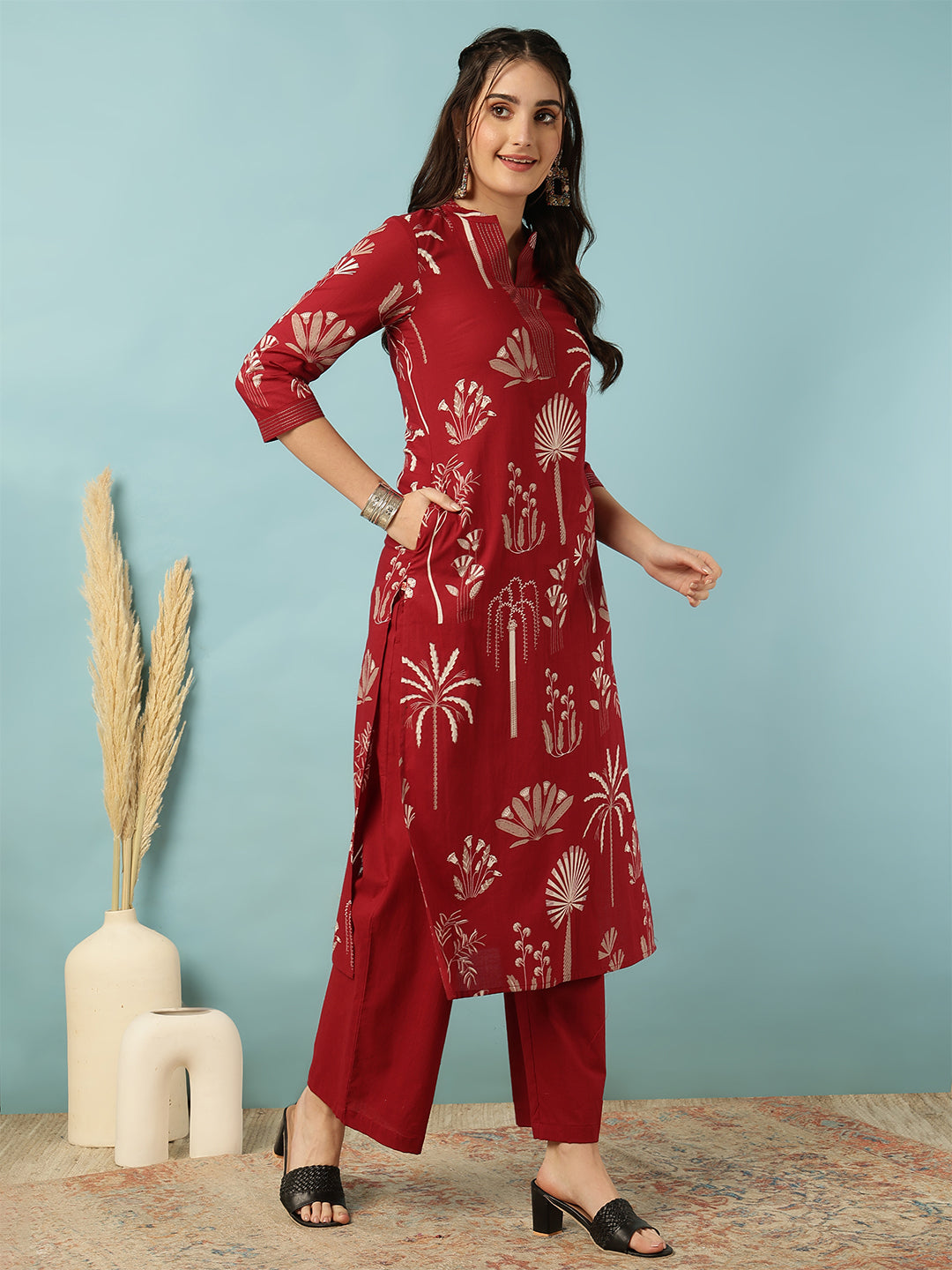 Rayon Calf Length Printed Straight 3/4 Sleeves Mandarin Neck Kurta Bottom Set
