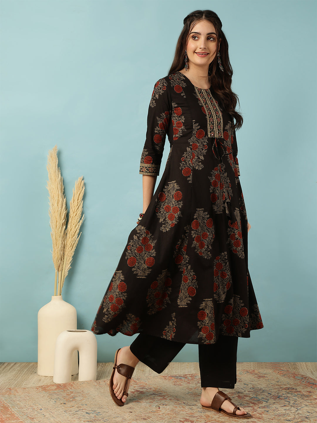 Cotton Calf Length Printed Semi-Flared 3/4 Sleeves Round Neck Kurta Bottom Set