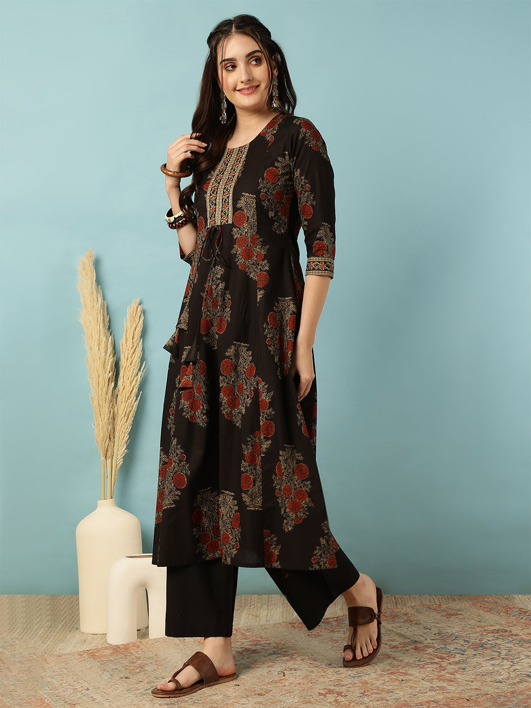 Cotton Calf Length Printed Semi-Flared 3/4 Sleeves Round Neck Kurta Bottom Set