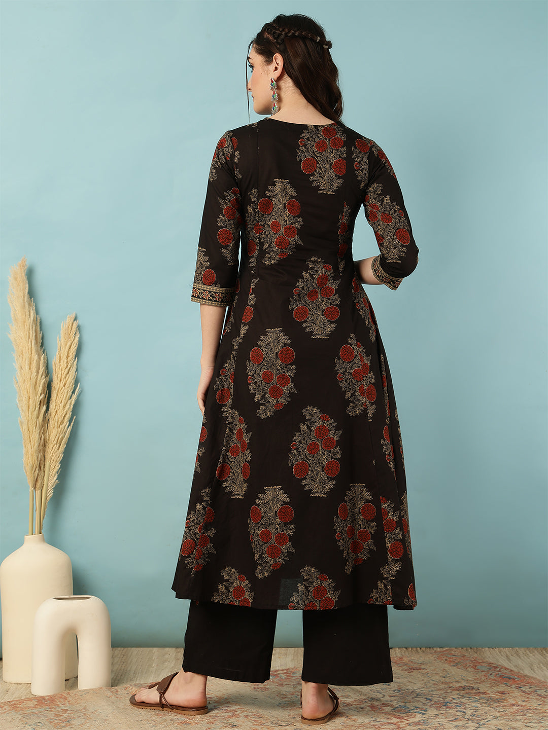 Cotton Calf Length Printed Semi-Flared 3/4 Sleeves Round Neck Kurta Bottom Set
