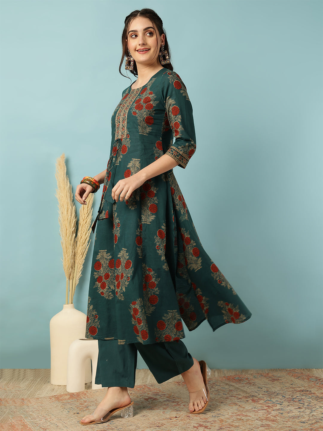 Cotton Calf Length Printed Semi-Flared 3/4 Sleeves Round Neck Kurta Bottom Set