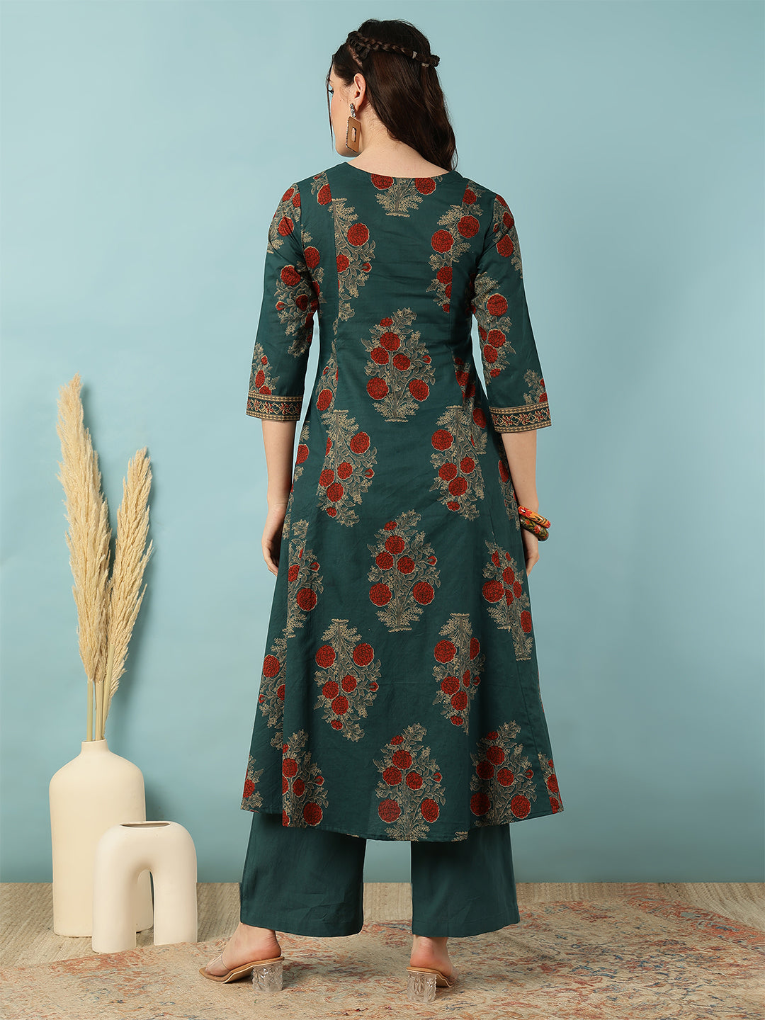Cotton Calf Length Printed Semi-Flared 3/4 Sleeves Round Neck Kurta Bottom Set