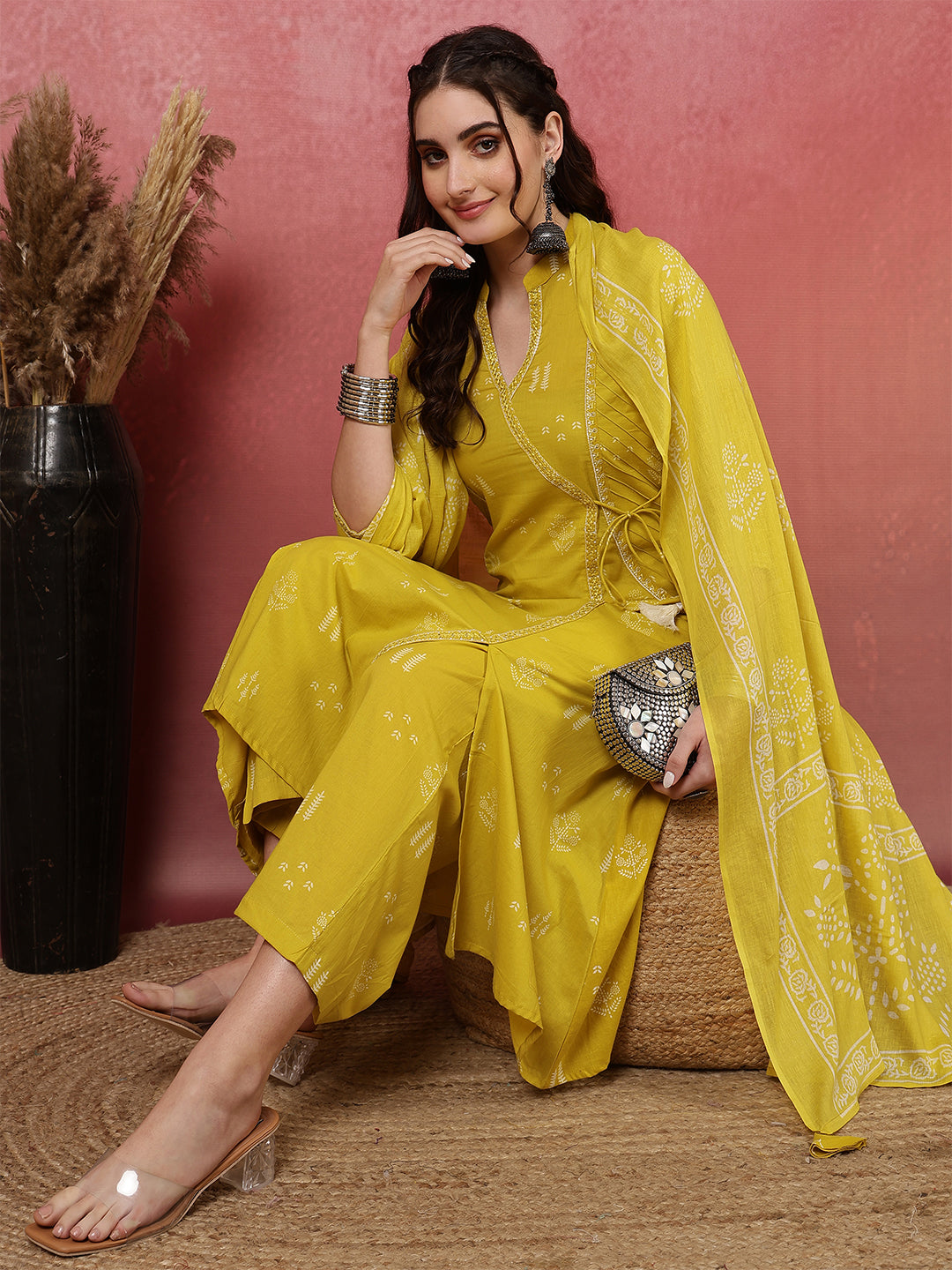 Rayon Calf Length Printed Straight 3/4 Sleeves V-Neck Kurta Bottom Dupatta Set