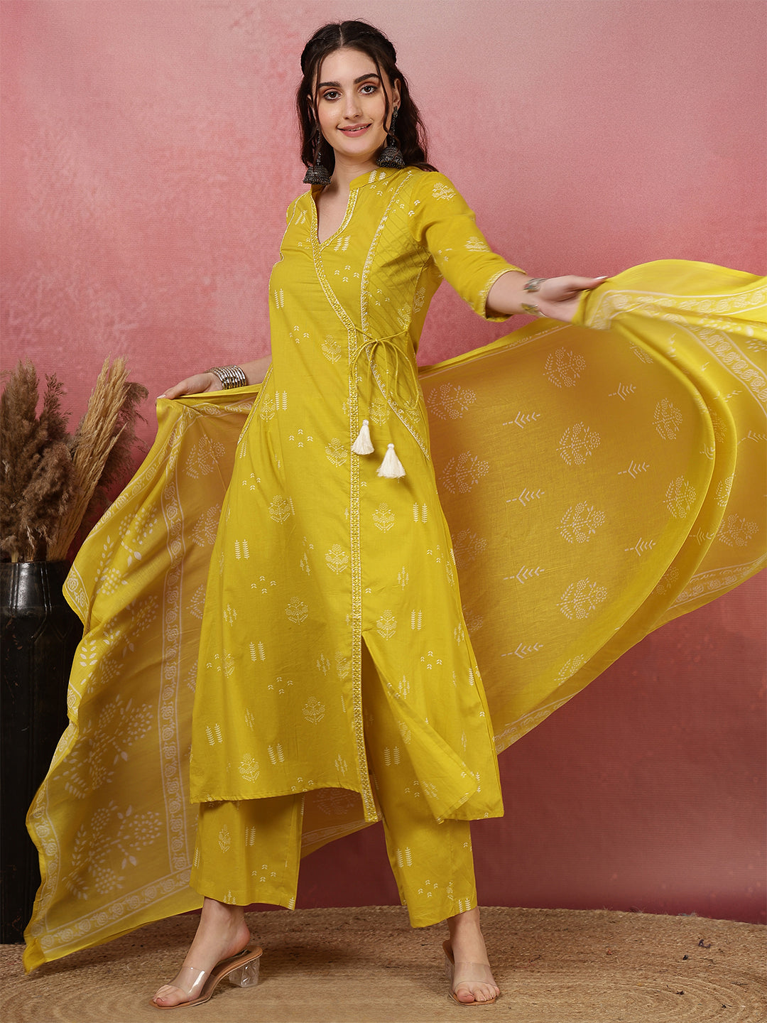 Rayon Calf Length Printed Straight 3/4 Sleeves V-Neck Kurta Bottom Dupatta Set