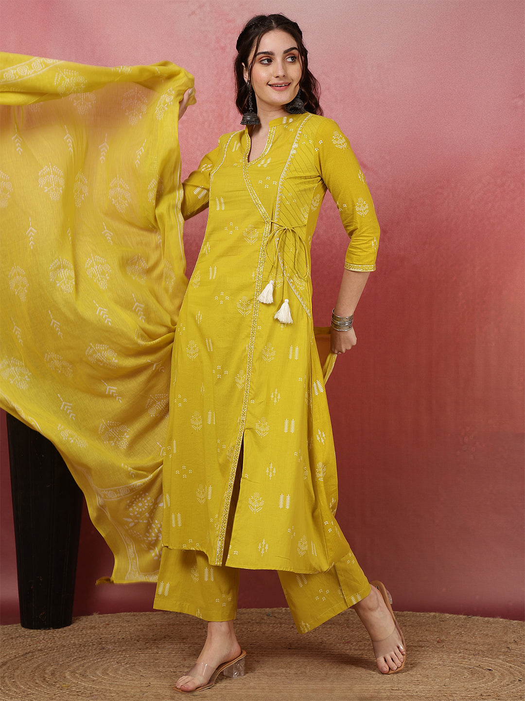 Rayon Calf Length Printed Straight 3/4 Sleeves V-Neck Kurta Bottom Dupatta Set