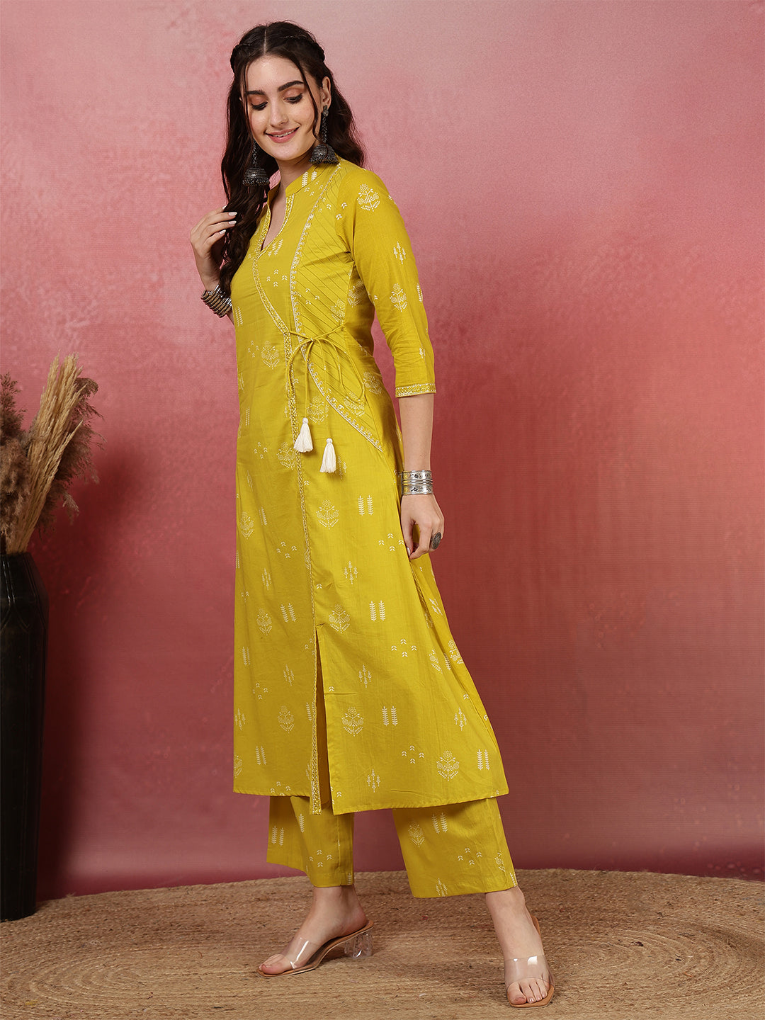 Rayon Calf Length Printed Straight 3/4 Sleeves V-Neck Kurta Bottom Dupatta Set