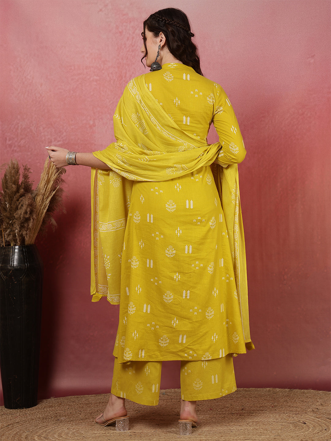 Rayon Calf Length Printed Straight 3/4 Sleeves V-Neck Kurta Bottom Dupatta Set