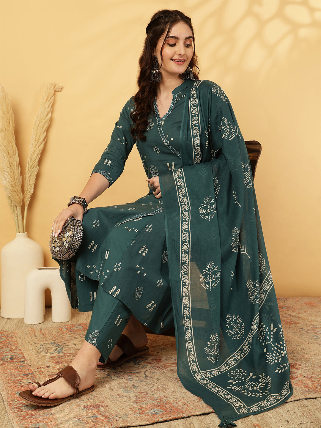 Cotton Calf Length Printed Straight 3/4 Sleeves V-Neck Kurta Bottom Dupatta Set