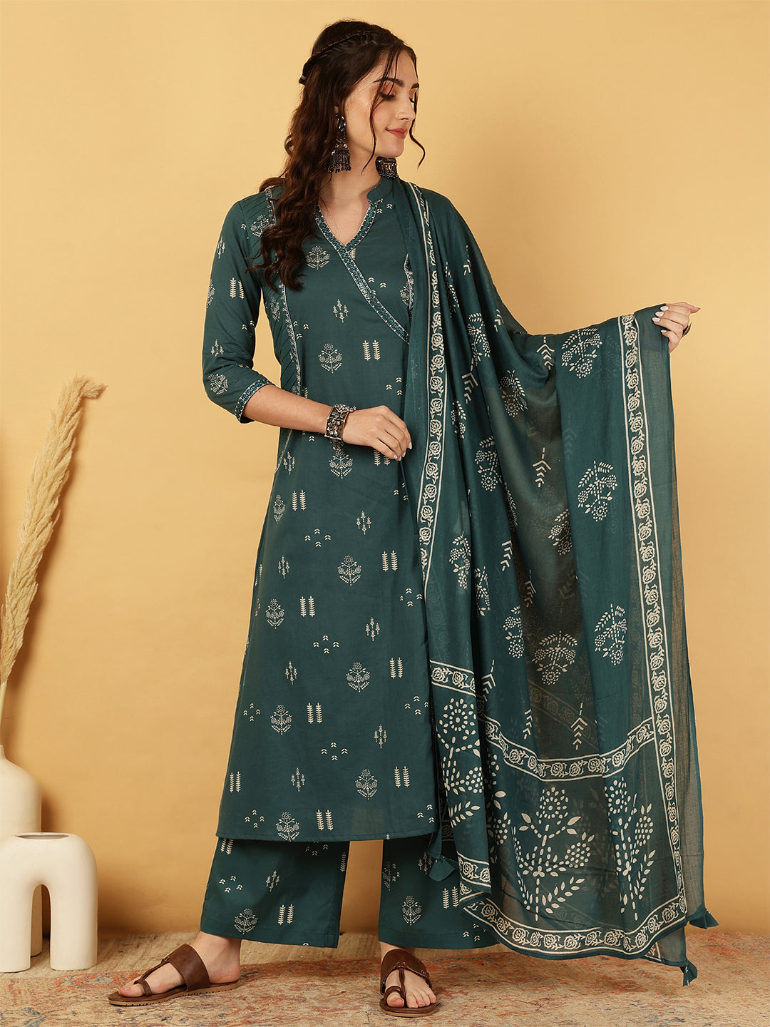 Cotton Calf Length Printed Straight 3/4 Sleeves V-Neck Kurta Bottom Dupatta Set