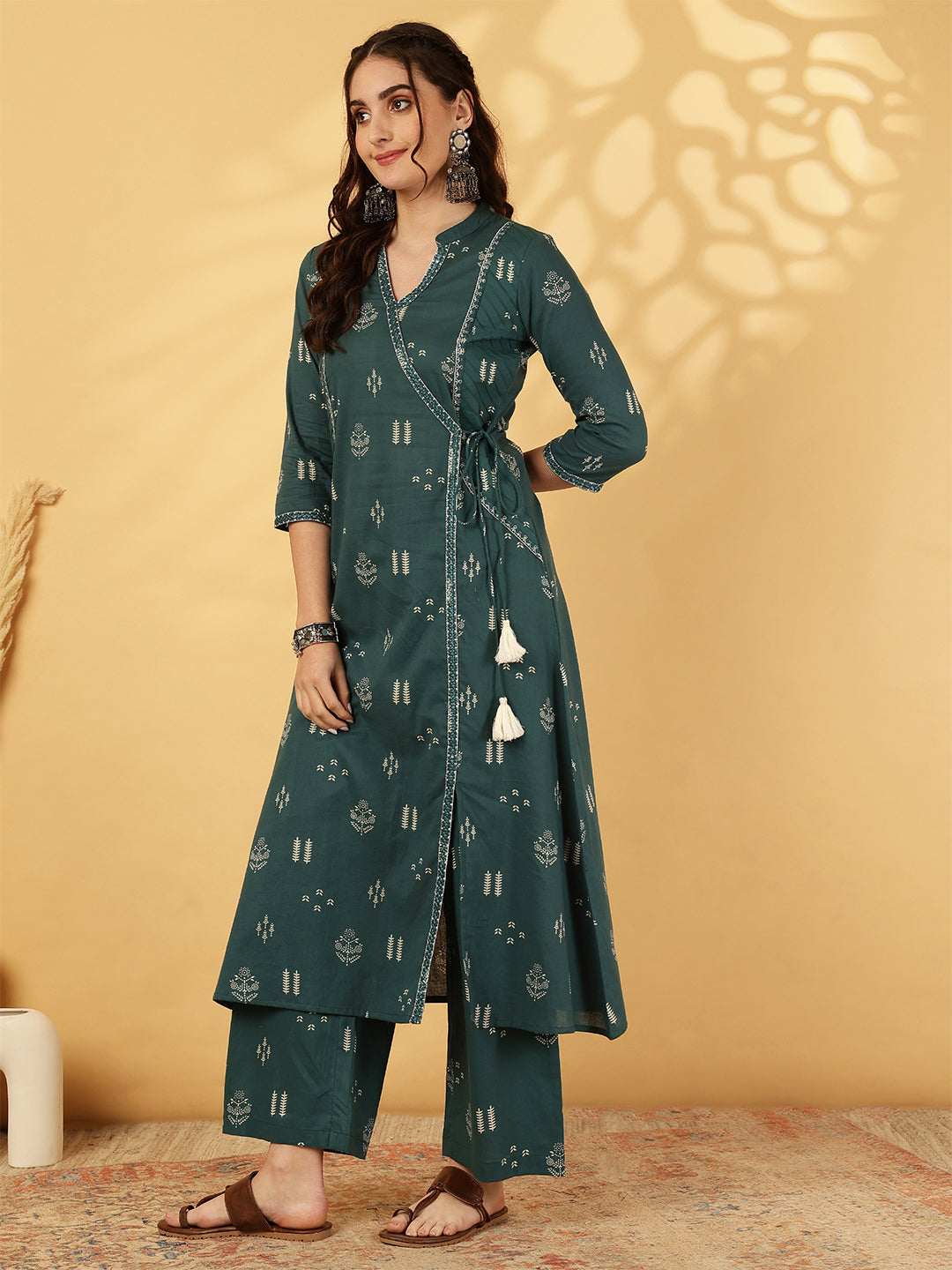 Cotton Calf Length Printed Straight 3/4 Sleeves V-Neck Kurta Bottom Dupatta Set