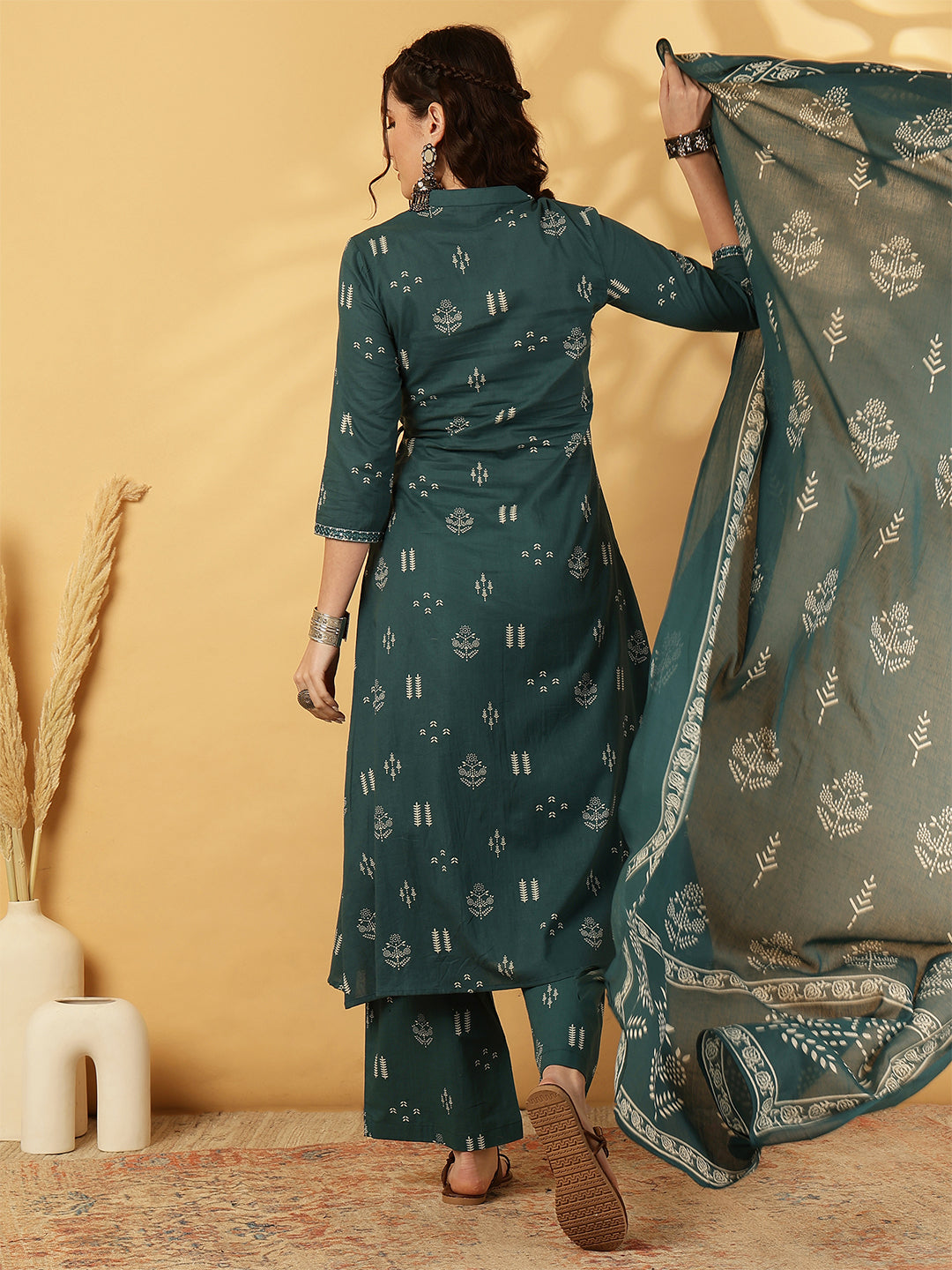 Cotton Calf Length Printed Straight 3/4 Sleeves V-Neck Kurta Bottom Dupatta Set