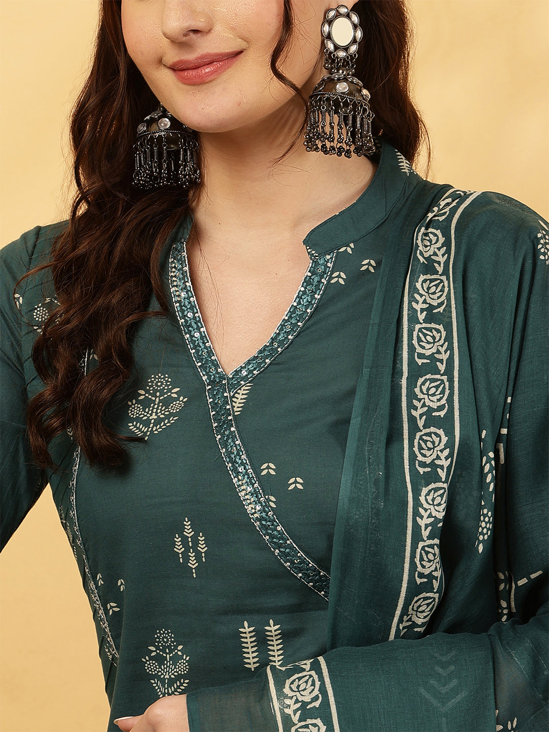 Cotton Calf Length Printed Straight 3/4 Sleeves V-Neck Kurta Bottom Dupatta Set