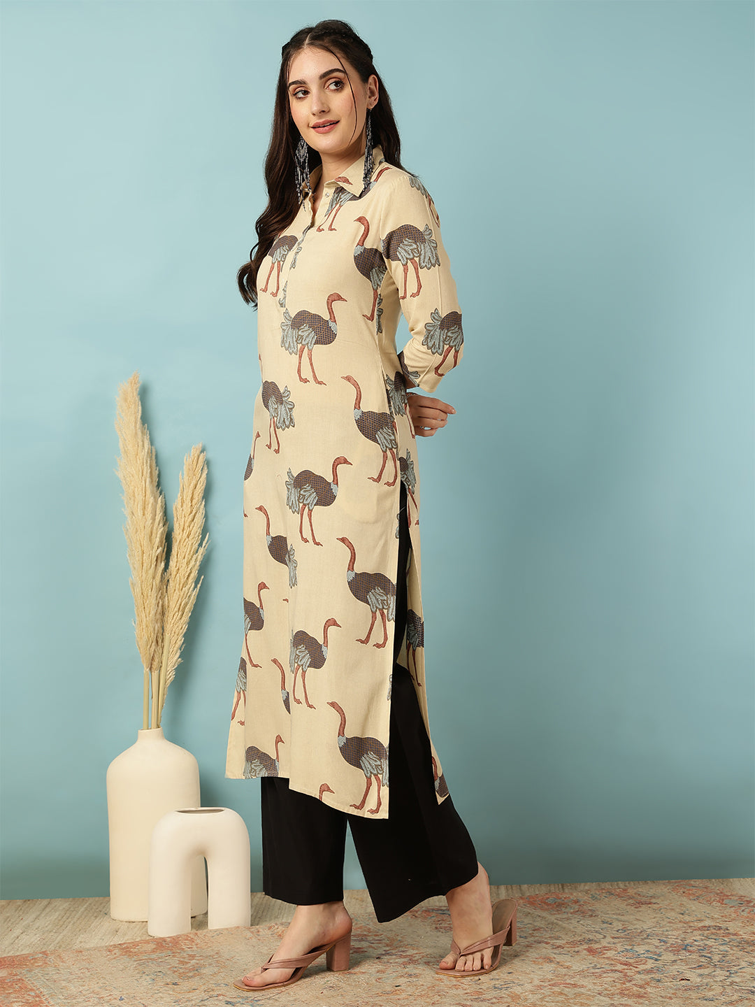 Rayon Calf Length Printed Straight 3/4 Sleeves Shirt Collar Kurta