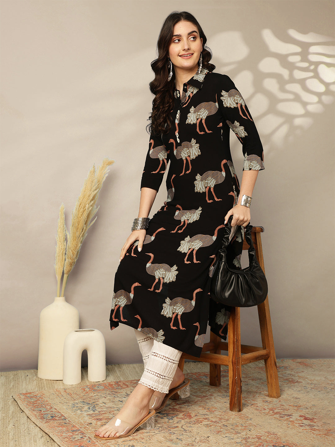 Rayon Calf Length Printed Straight 3/4 Sleeves Shirt Collar Kurta
