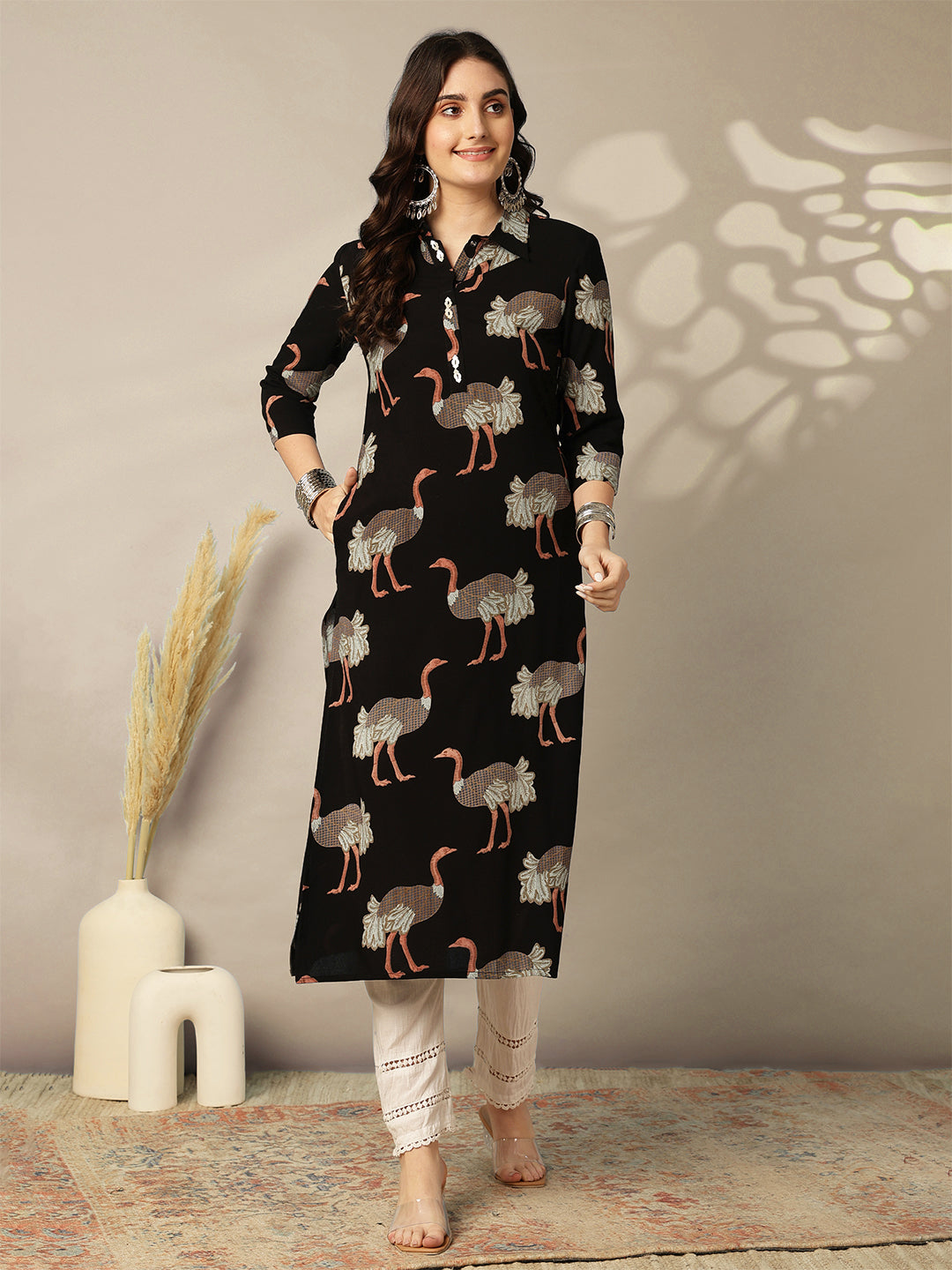 Rayon Calf Length Printed Straight 3/4 Sleeves Shirt Collar Kurta