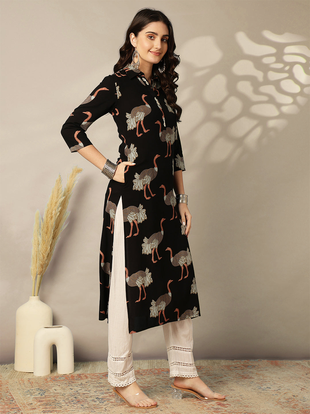 Rayon Calf Length Printed Straight 3/4 Sleeves Shirt Collar Kurta