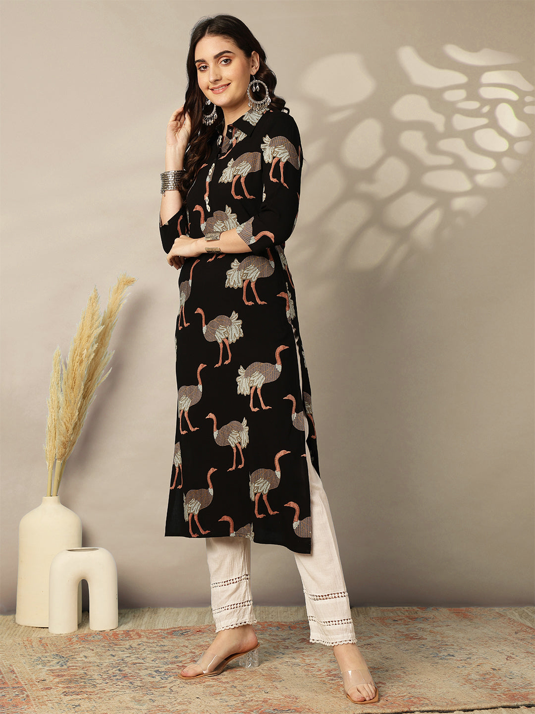 Rayon Calf Length Printed Straight 3/4 Sleeves Shirt Collar Kurta