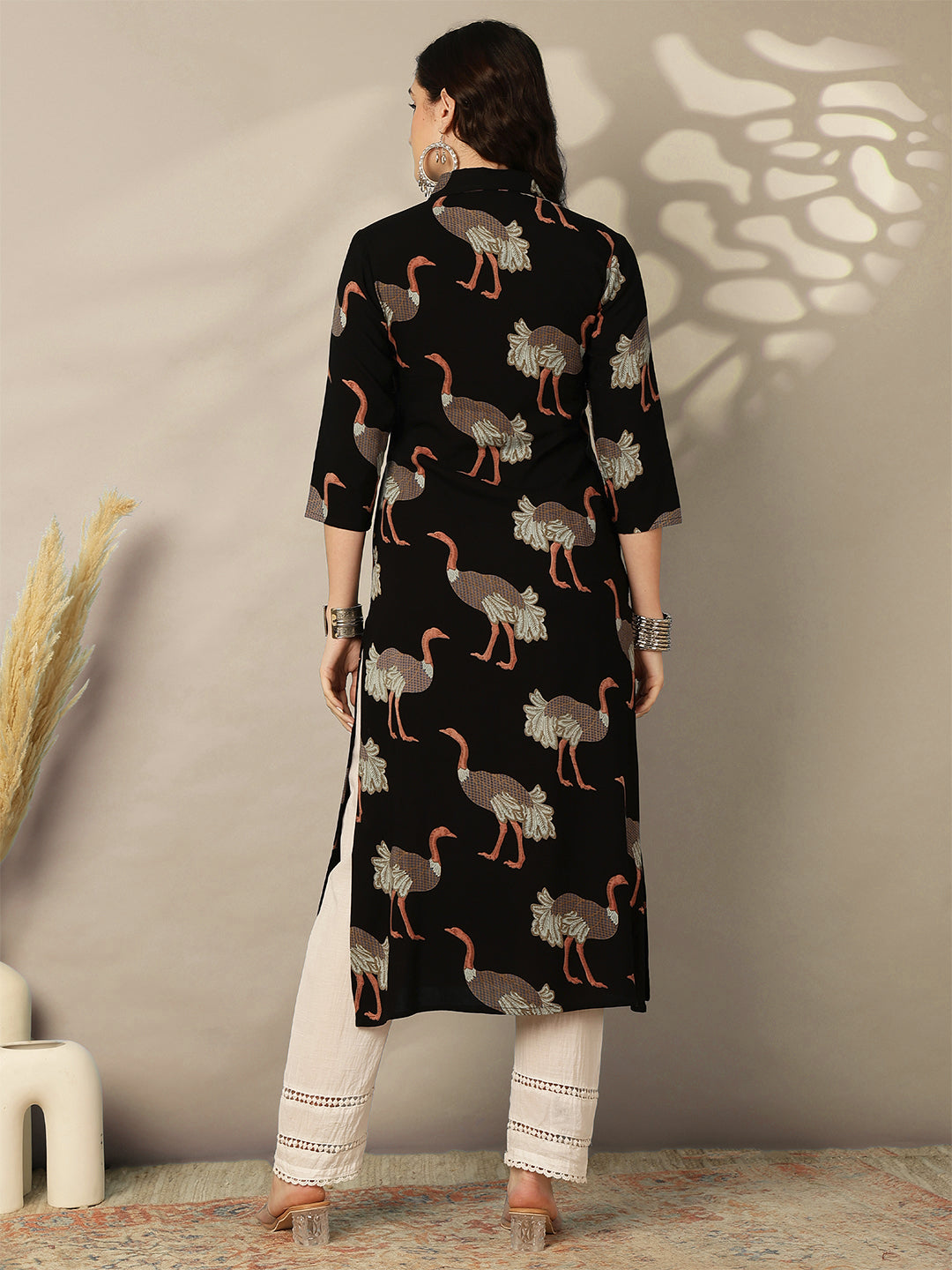 Rayon Calf Length Printed Straight 3/4 Sleeves Shirt Collar Kurta