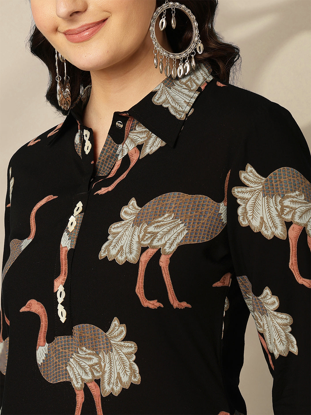 Rayon Calf Length Printed Straight 3/4 Sleeves Shirt Collar Kurta