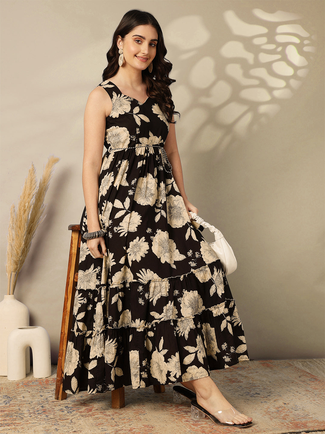 Cotton Calf Length Printed Flared Sleeveless Sweetheart Neck Dress