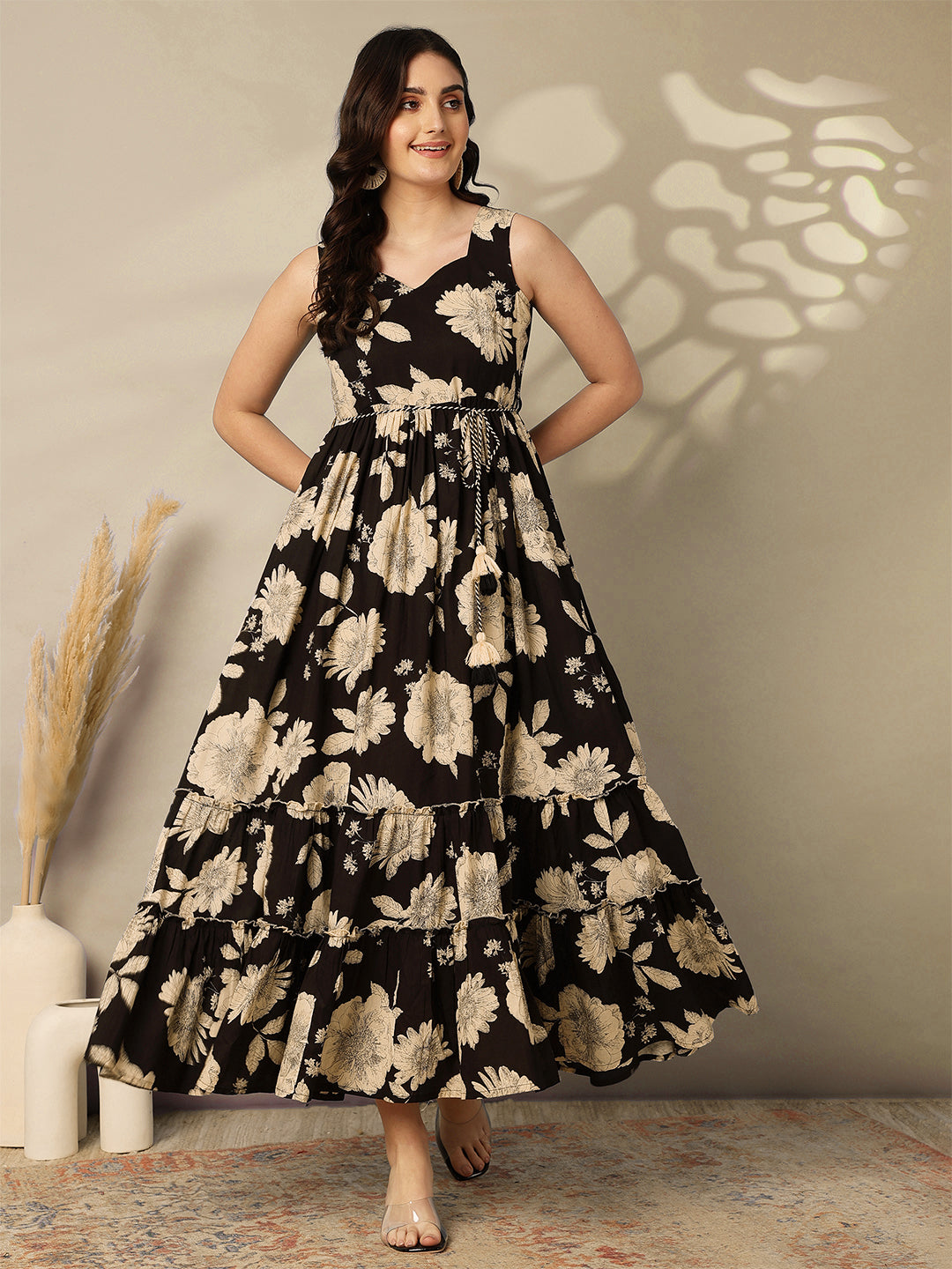 Cotton Calf Length Printed Flared Sleeveless Sweetheart Neck Dress
