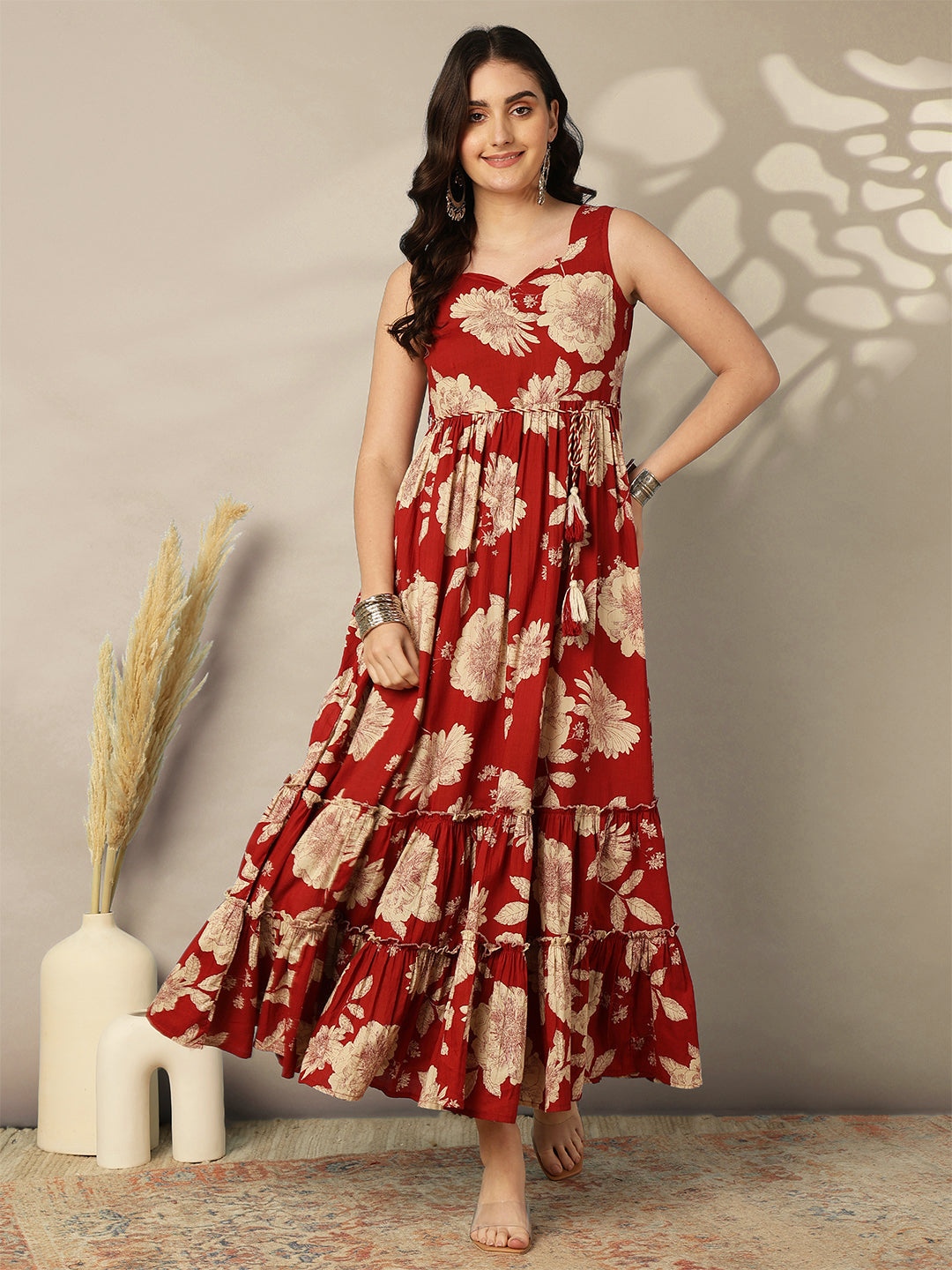 Cotton Calf Length Printed Flared Sleeveless Sweetheart Neck Dress