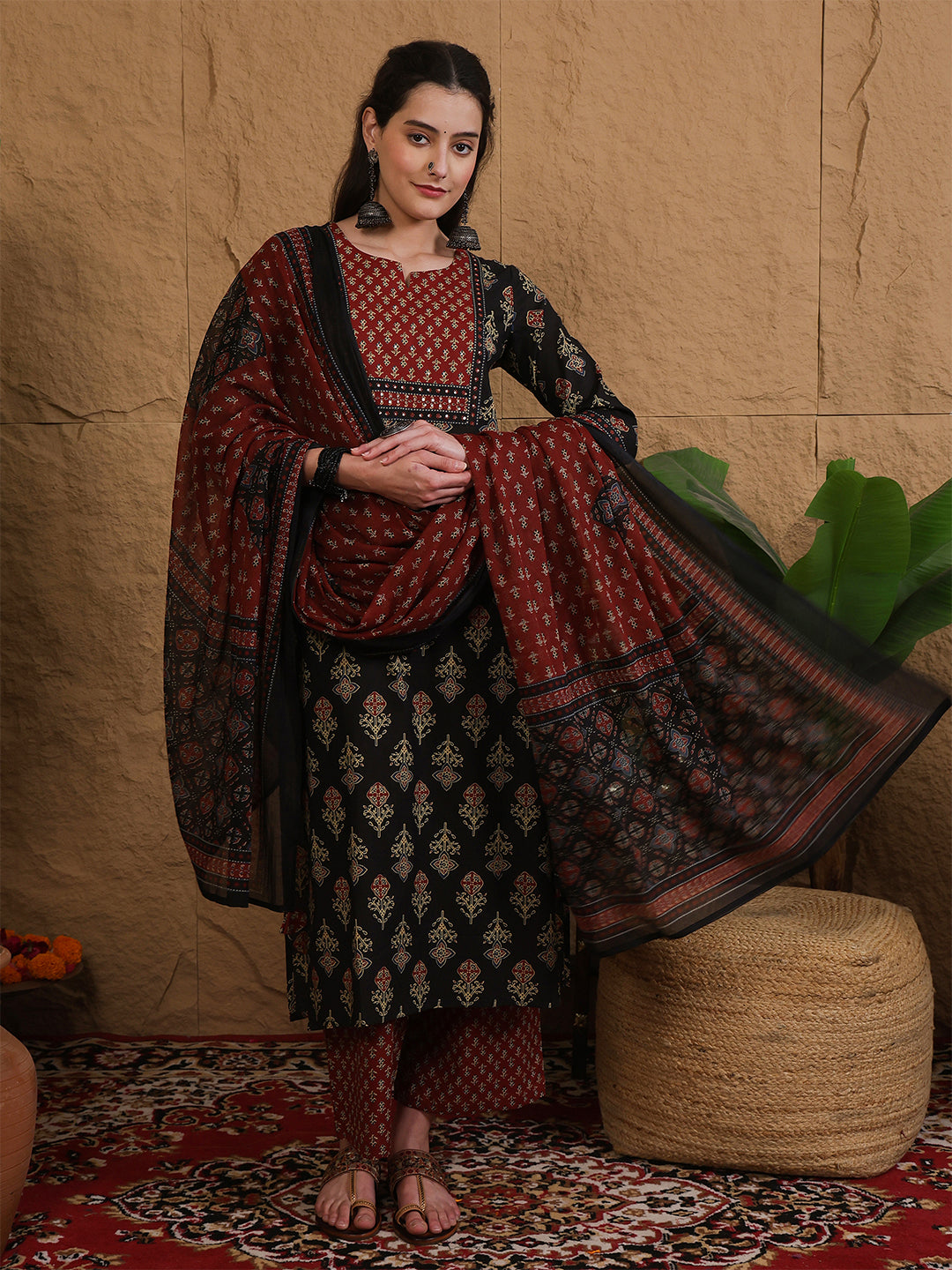 Cotton Calf Length Printed Three-Quarter Sleeves Round Neck Straight Kurta Bottom With Dupatta