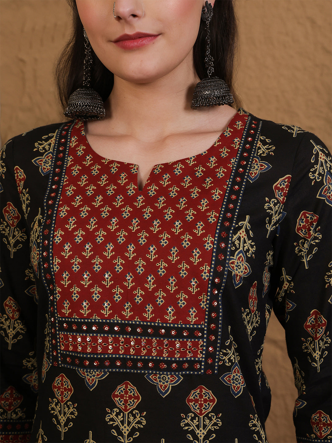 Cotton Calf Length Printed Three-Quarter Sleeves Round Neck Straight Kurta Bottom With Dupatta