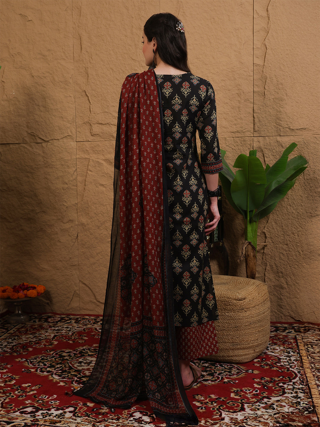 Cotton Calf Length Printed Three-Quarter Sleeves Round Neck Straight Kurta Bottom With Dupatta