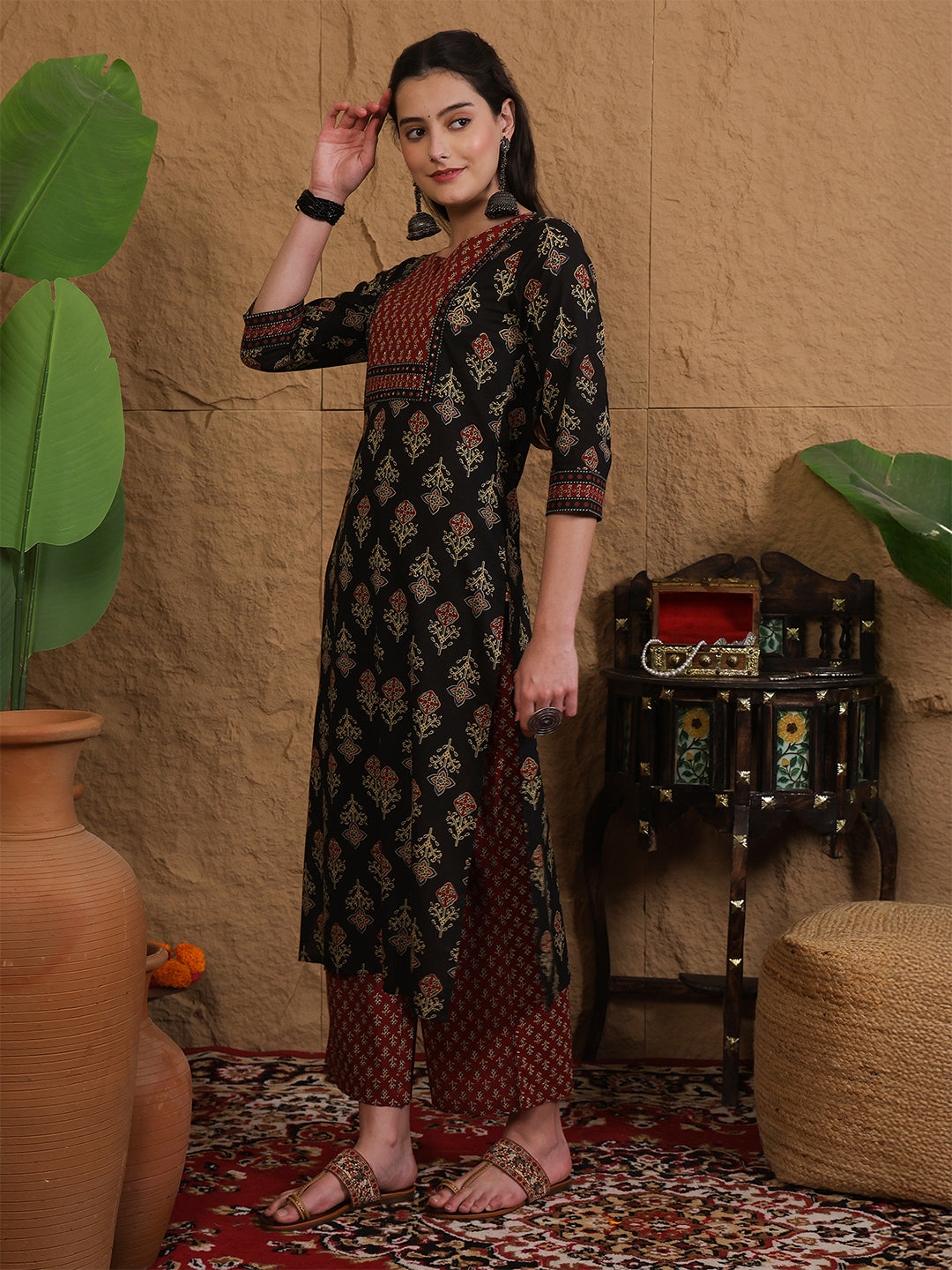Cotton Calf Length Printed Three-Quarter Sleeves Round Neck Straight Kurta Bottom With Dupatta