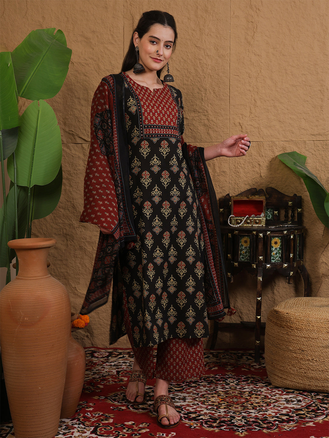 Cotton Calf Length Printed Three-Quarter Sleeves Round Neck Straight Kurta Bottom With Dupatta