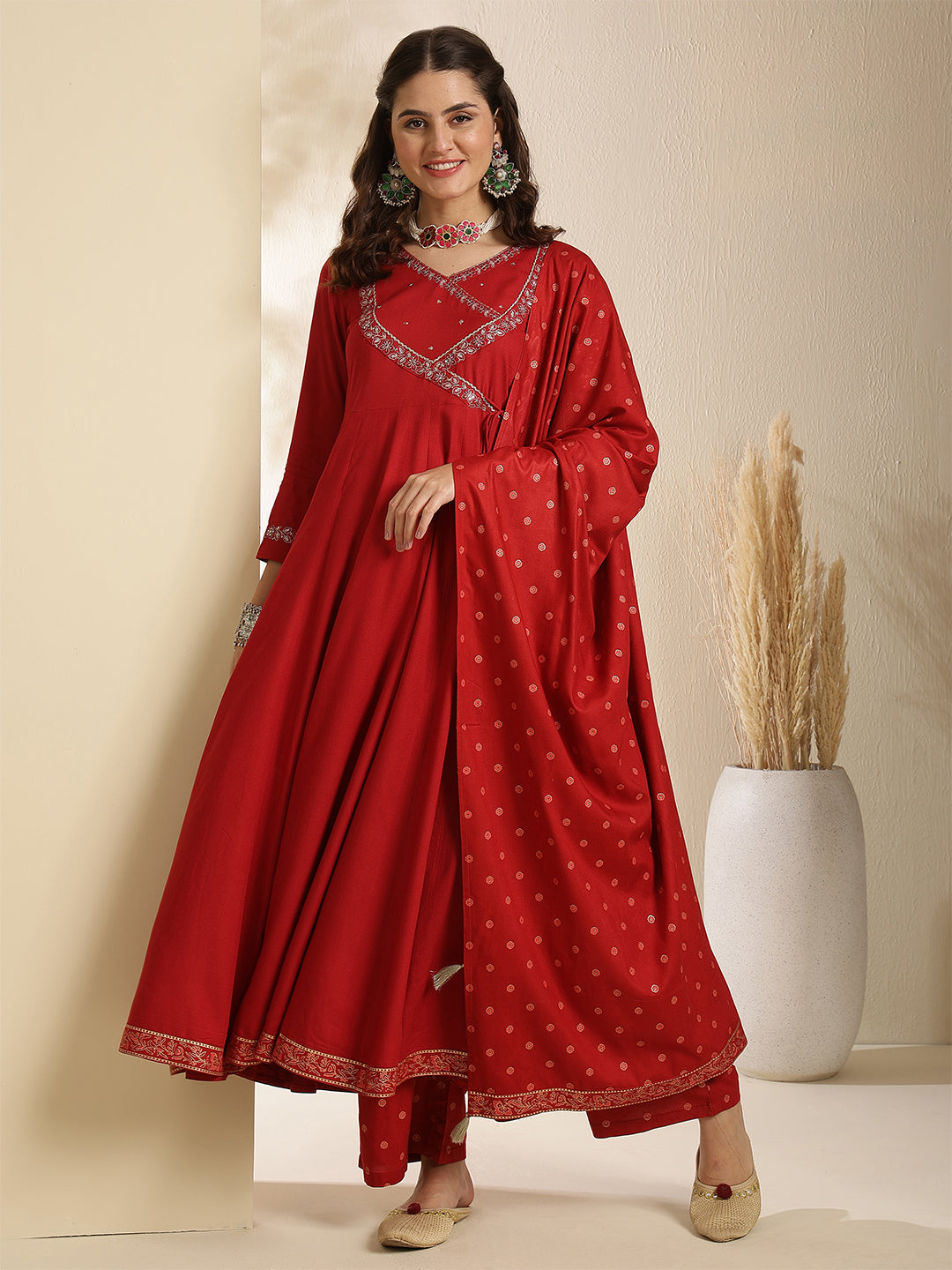 Rayon Calf Length Solid Three-Quarter Sleeves V-Neck Anarkali Kurta Bottom With Dupatta