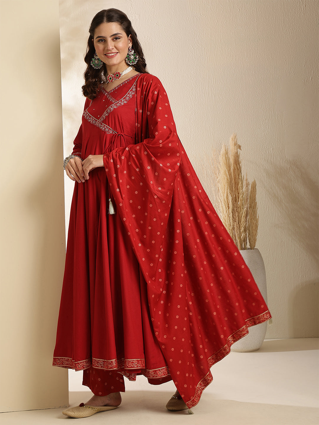 Rayon Calf Length Solid Three-Quarter Sleeves V-Neck Anarkali Kurta Bottom With Dupatta
