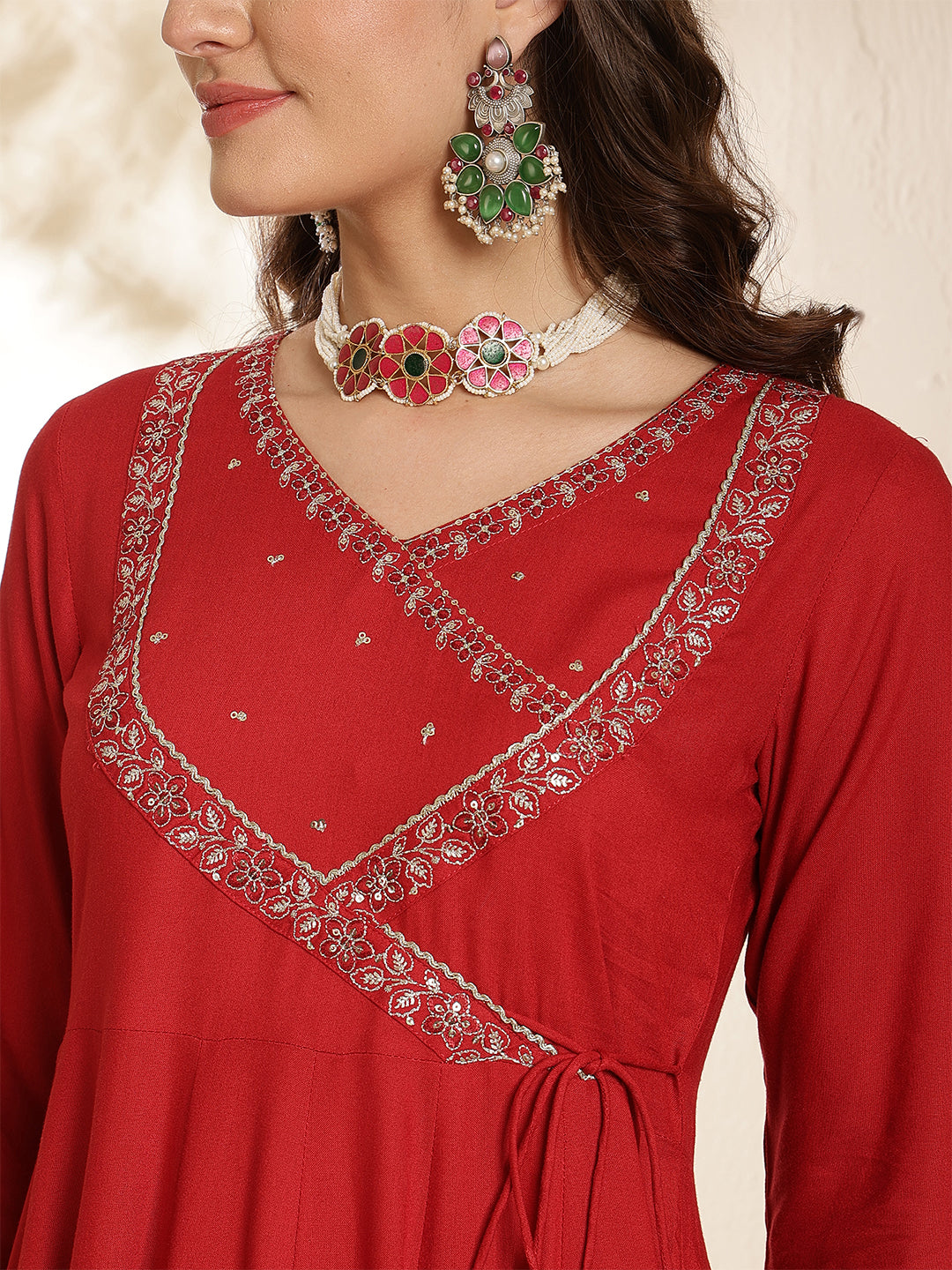 Rayon Calf Length Solid Three-Quarter Sleeves V-Neck Anarkali Kurta Bottom With Dupatta