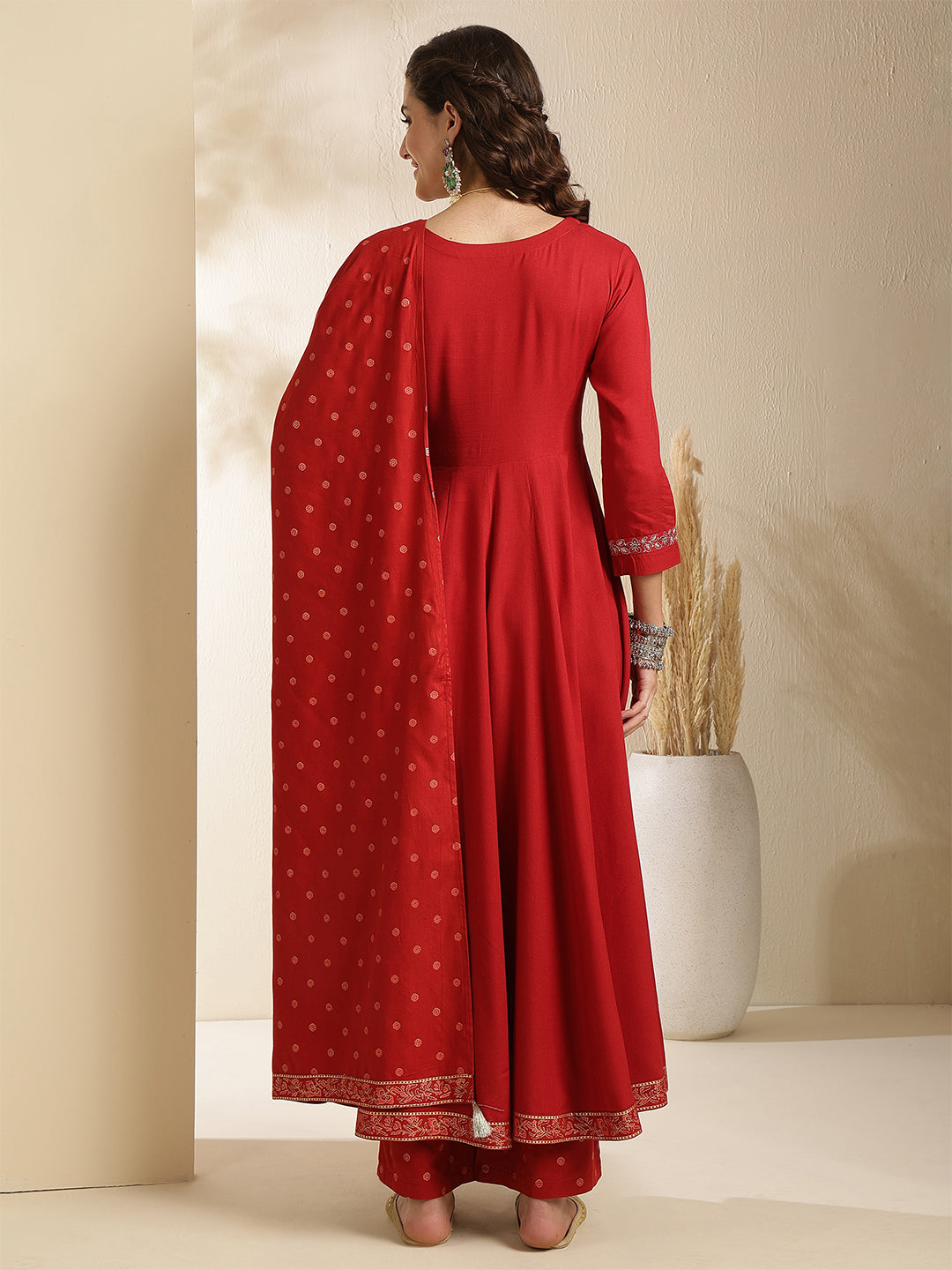 Rayon Calf Length Solid Three-Quarter Sleeves V-Neck Anarkali Kurta Bottom With Dupatta
