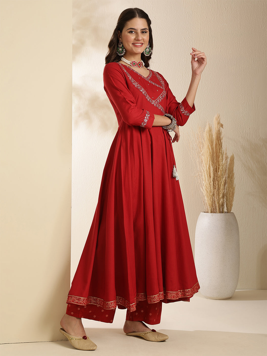 Rayon Calf Length Solid Three-Quarter Sleeves V-Neck Anarkali Kurta Bottom With Dupatta