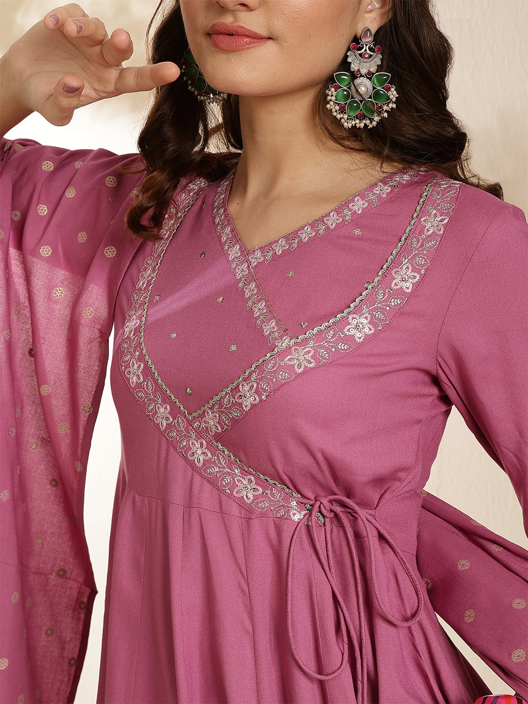 Rayon Calf Length Solid Three-Quarter Sleeves V-Neck Anarkali Kurta Bottom With Dupatta