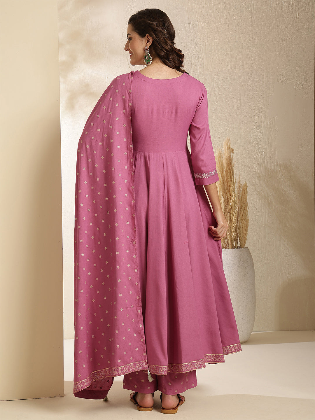 Rayon Calf Length Solid Three-Quarter Sleeves V-Neck Anarkali Kurta Bottom With Dupatta
