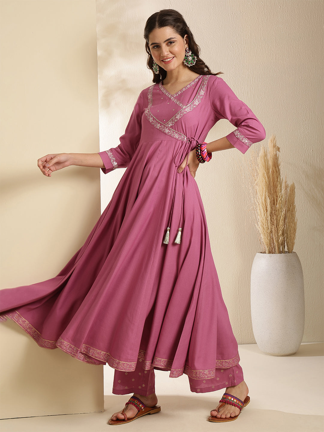 Rayon Calf Length Solid Three-Quarter Sleeves V-Neck Anarkali Kurta Bottom With Dupatta