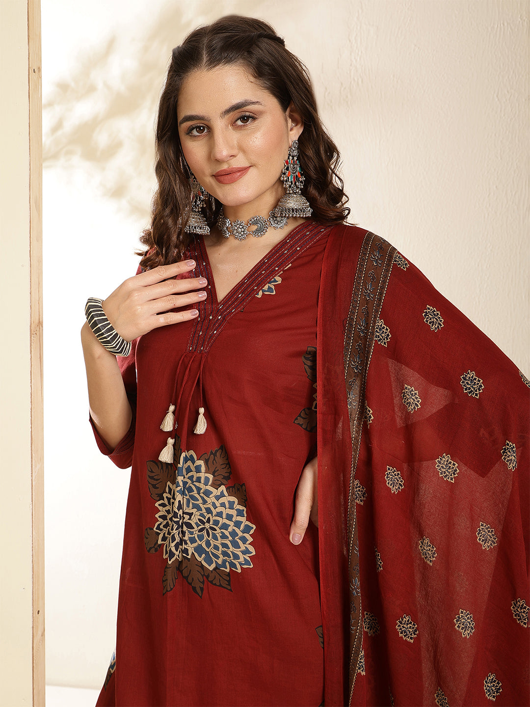Cotton Calf Length Printed Three-Quarter Sleeves V-Neck Straight Kurta Bottom With Dupatta